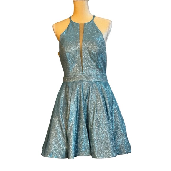 Sherri Hill Cocktail Dress Sz. 10 Blue Short Halter Glitter Shimmer Prom Formal - Picture 2 of 16